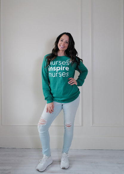 Nurses Inspire Nurses Holiday Green Long Sleeve Tee (ALL SALES FINAL)