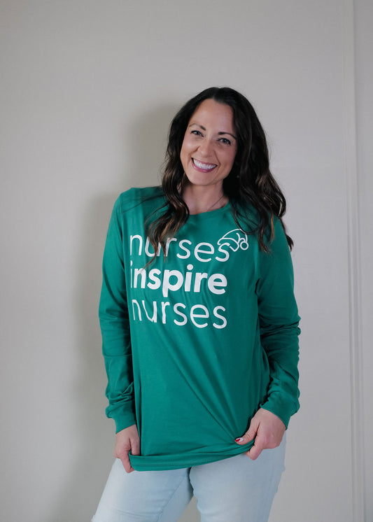 Nurses Inspire Nurses Holiday Green Long Sleeve Tee (ALL SALES FINAL)