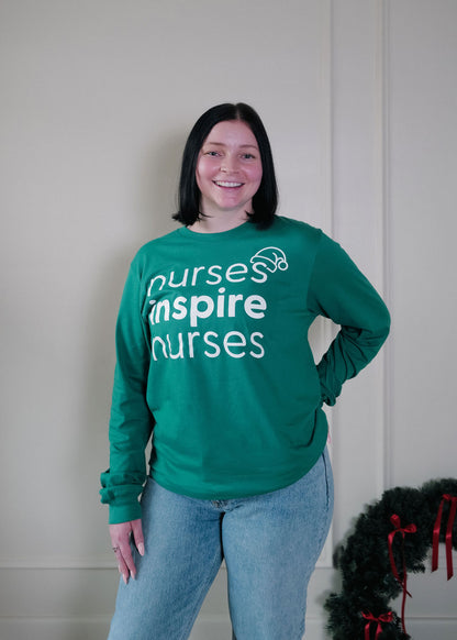 Nurses Inspire Nurses Holiday Green Long Sleeve Tee (ALL SALES FINAL)